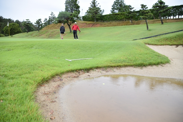 雨で水たまりになったバンカーにゴルフボールが入る